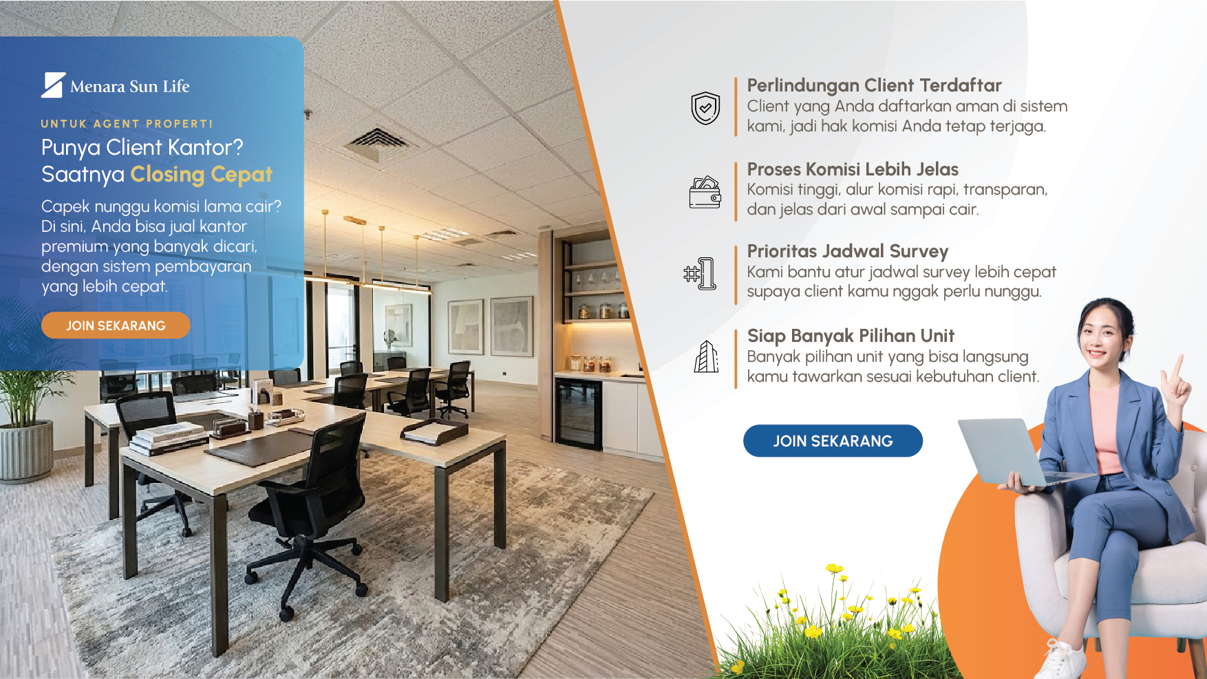 Property agent discussing premium office space partnership opportunity at Menara Sun Life Jakarta