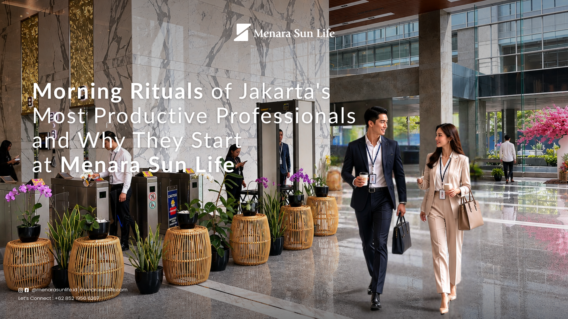Morning Rituals of Jakarta’s Most Productive Professionals Professional at Menara Sun Life Jakarta reviewing morning priorities at a private office desk overlooking Mega Kuningan skyline