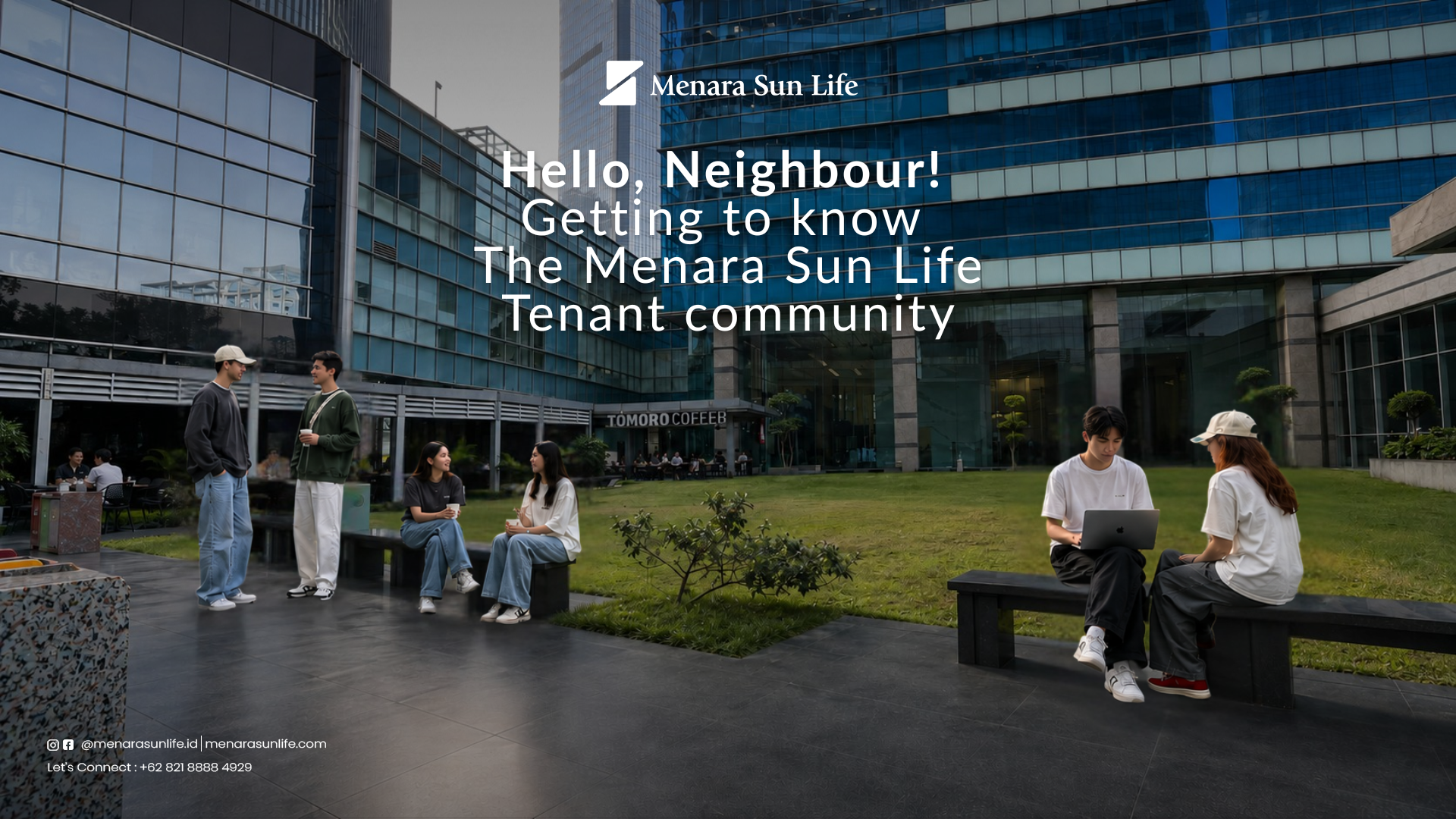 business professionals networking in the Menara Sun Life lobby and shared community spaces in Mega Kuningan